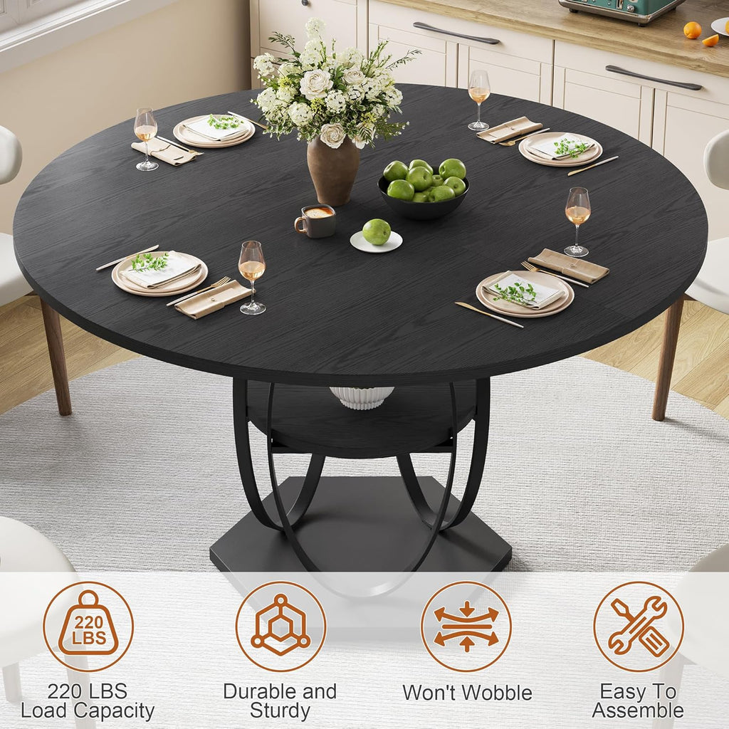 47.2" Black Round Dining Table for 4-6, Circle Kitchen Table with Open Storage Shelf, Modern Wooden Dinner Table with Metal Pedestal Base, Dining Room Tables for Kitchen Small Space