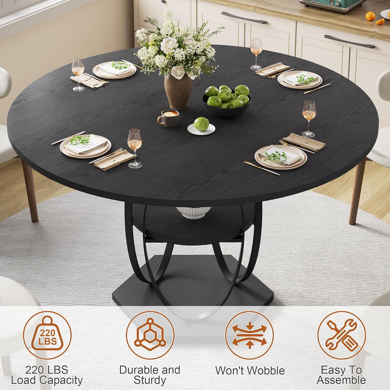 47.2" Black Round Dining Table for 4-6, Circle Kitchen Table with Open Storage Shelf, Modern Wooden Dinner Table with Metal Pedestal Base, Dining Room Tables for Kitchen Small Space