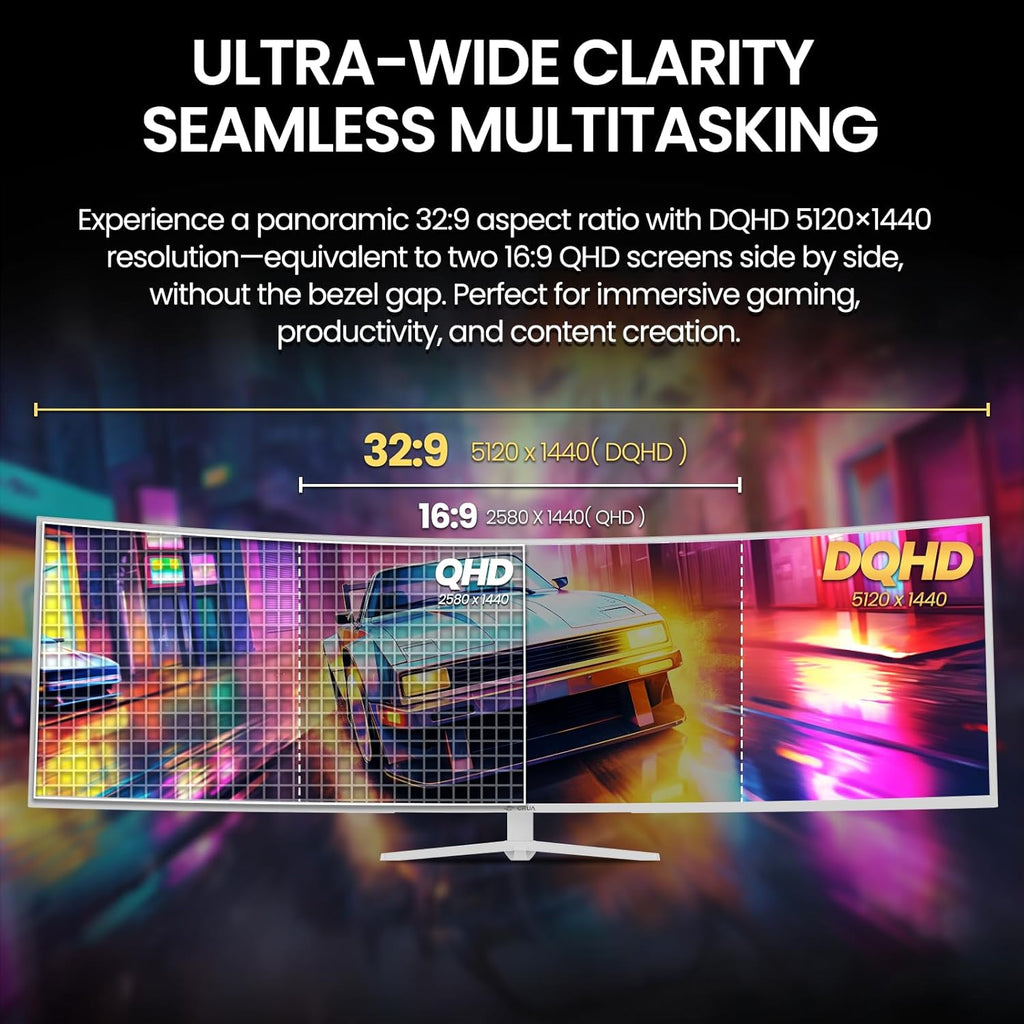 CRUA 49" White Curved Monitor | DQHD(5120 * 1440)  120Hz  1500R  32:9  AMD FreeSync  120% sRGB  Height Adjustable Ultra-Wide Screen Computer Monitors  HDMI 2.1 & DP 1.4  Wall Mount Install