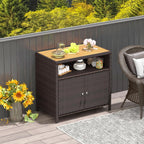 Tangkula Rattan Outdoor Storage Cabinet, Patiojoy Outdoor Cabinet with Acacia Wood Countertop, Open Compartment, 2-Door Wicker Sideboard, Outdoor Bar for Patio Garden Backyard Poolside (Mix Brown)