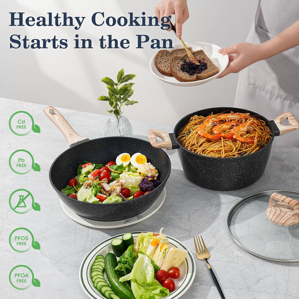 SODAY 12 Pcs Pots and Pans Set Non Stick, Cookware Sets Black Granite Induction Cookware, Non-toxic Healthy Nonstick Kitchen Cooking Set with Frying Pans Set, Saucepans (PFAS/ PFOA/ PFOS Free)