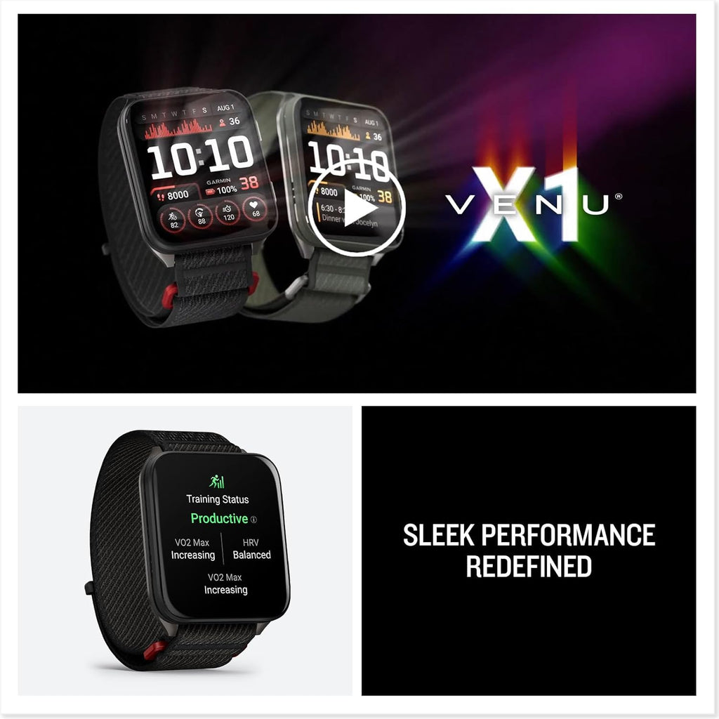 Garmin® Venu® X1  Thin and Lightweight GPS Smartwatch  AMOLED Display  Advanced Health and Fitness Features  Black with Slate Titanium Caseback and ComfortFit Nylon Band