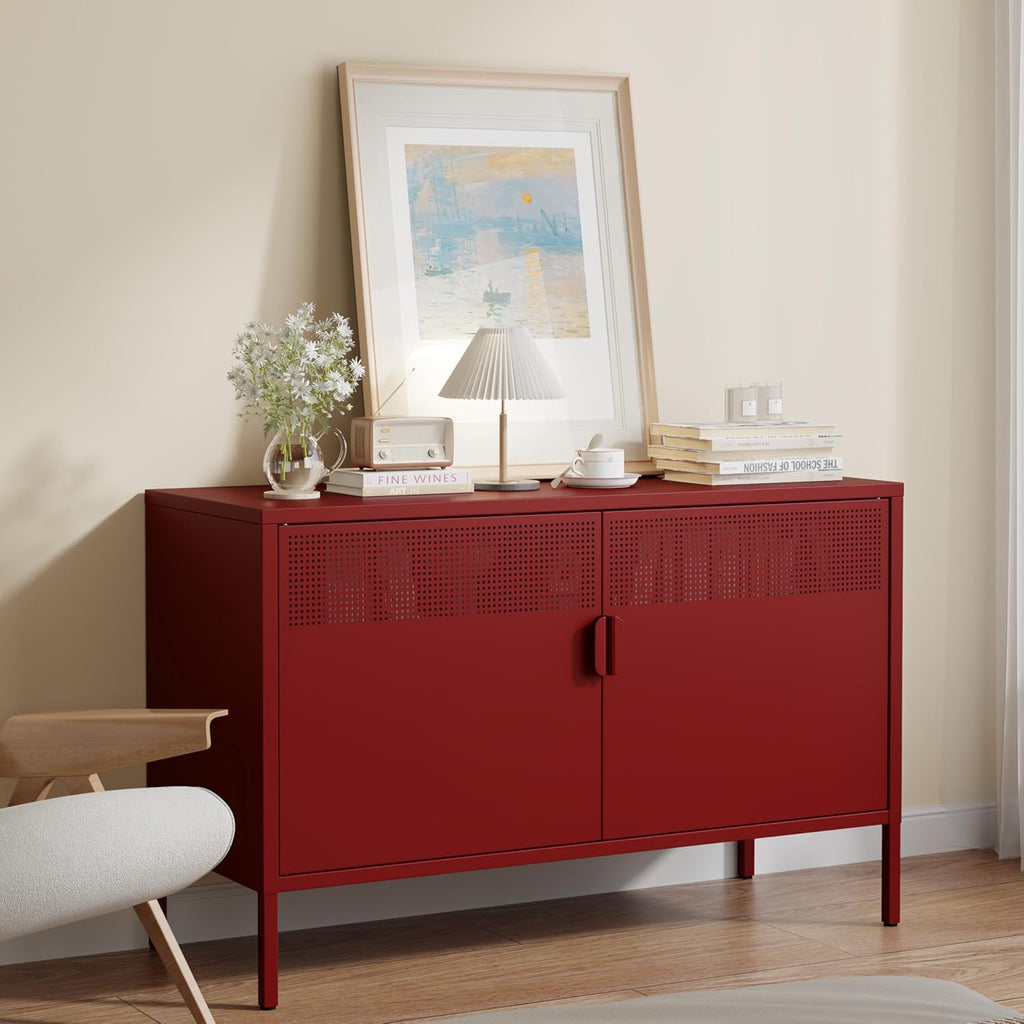 Metal Storage Cabinet with 2 Doors & Adjustable Shelves, 25" H Red Accent Cabinet, Metal Locker Storage Cabinets, Tv Stand Cabinet for Home, Office, Living Room, Entryway