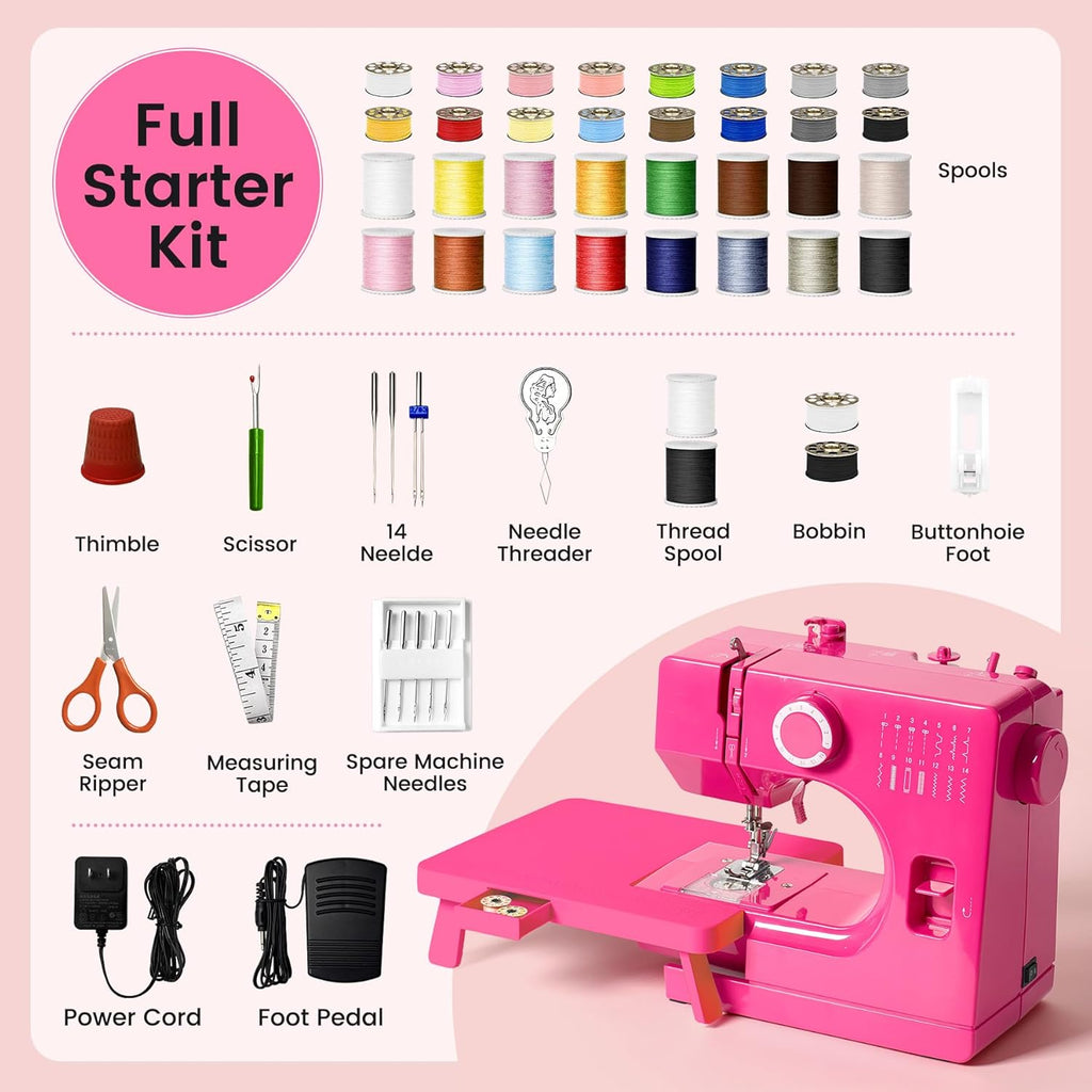Portable Mini Sewing Machine for Beginners, 14 Stitches, Easy Dial Control, LED Light & Extension Table, Compact Lightweight for Home DIY Mending, Ideal Gift for Kids Adults Bright pink