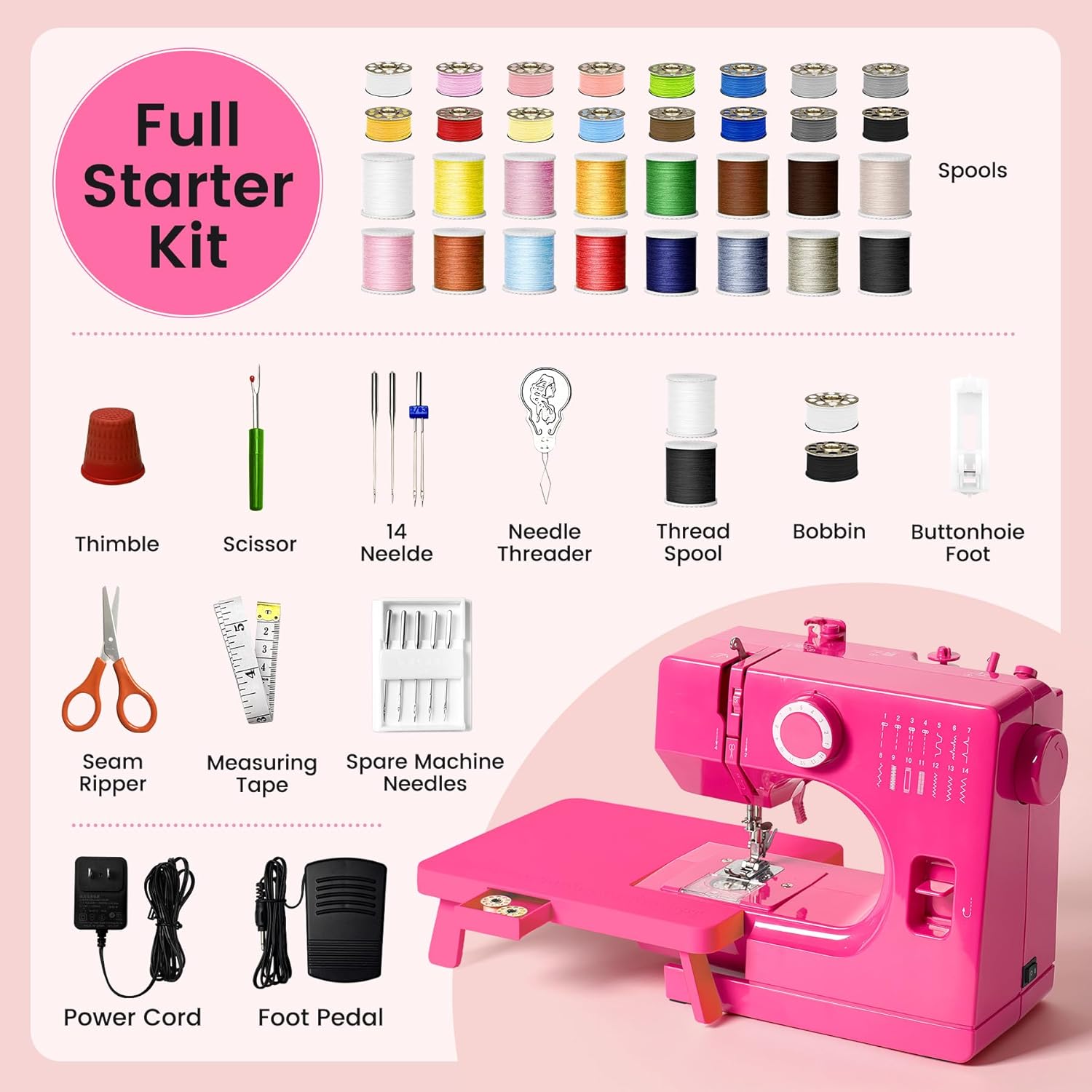 Portable Mini Sewing Machine for Beginners, 14 Stitches, Easy Dial Control, LED Light & Extension Table, Compact Lightweight for Home DIY Mending, Ideal Gift for Kids Adults Bright pink