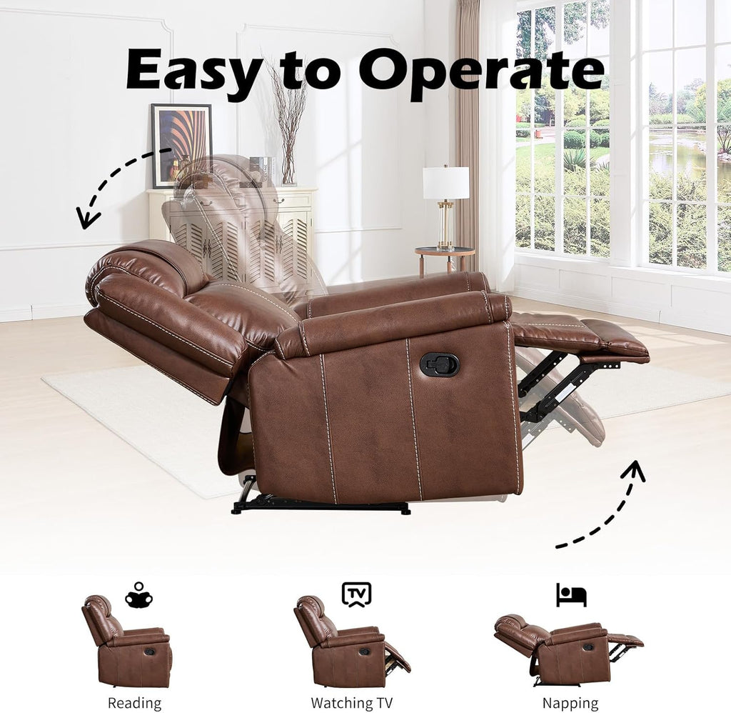 EBELLO Faux Leather Recliner Loveseat Sofa, Manual Reclining Couch, Mid-Century Modern 2-Seater Chair with Handy Cup Holders and Storage Space, for Living Room, Meeting Room, Brown