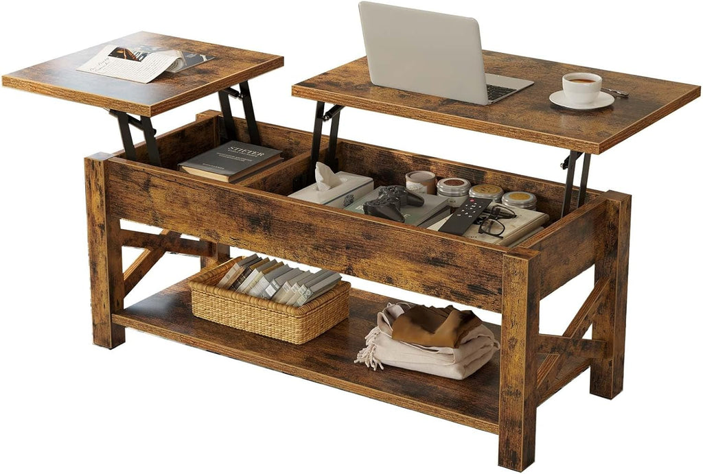 Rolanstar Coffee Table 47.2", 2 Way Lift Top with Hidden Compartment, Lift Top Coffee Table with Open Shelf & X Wooden Support, Center Table for Living Room, Rustic Brown