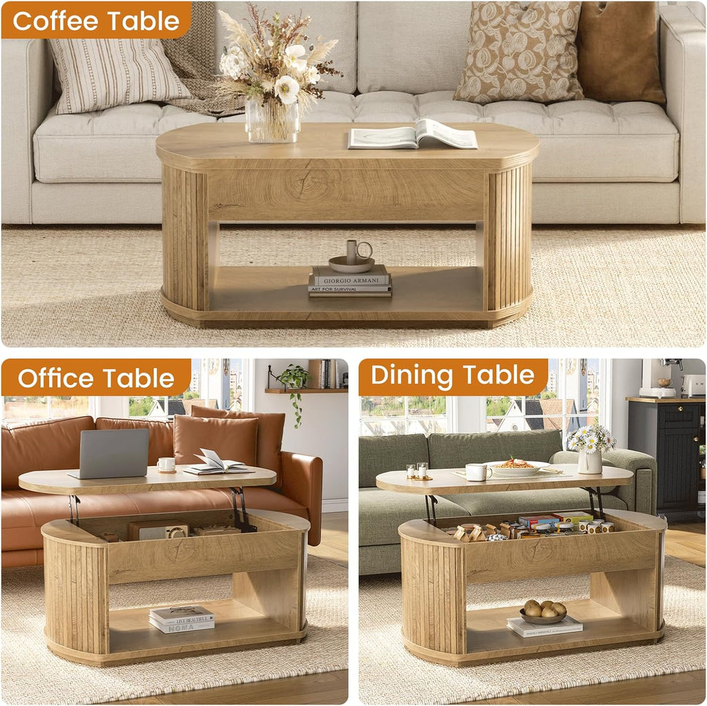 FABATO Oval Lift Top Coffee Table with Storage, Mid Century Modern Coffee Table for Living Room, 2 Tier Center Table with Lift-Top, 41.7" Fluted Wood Table for Reception Room, Home Office, Wood