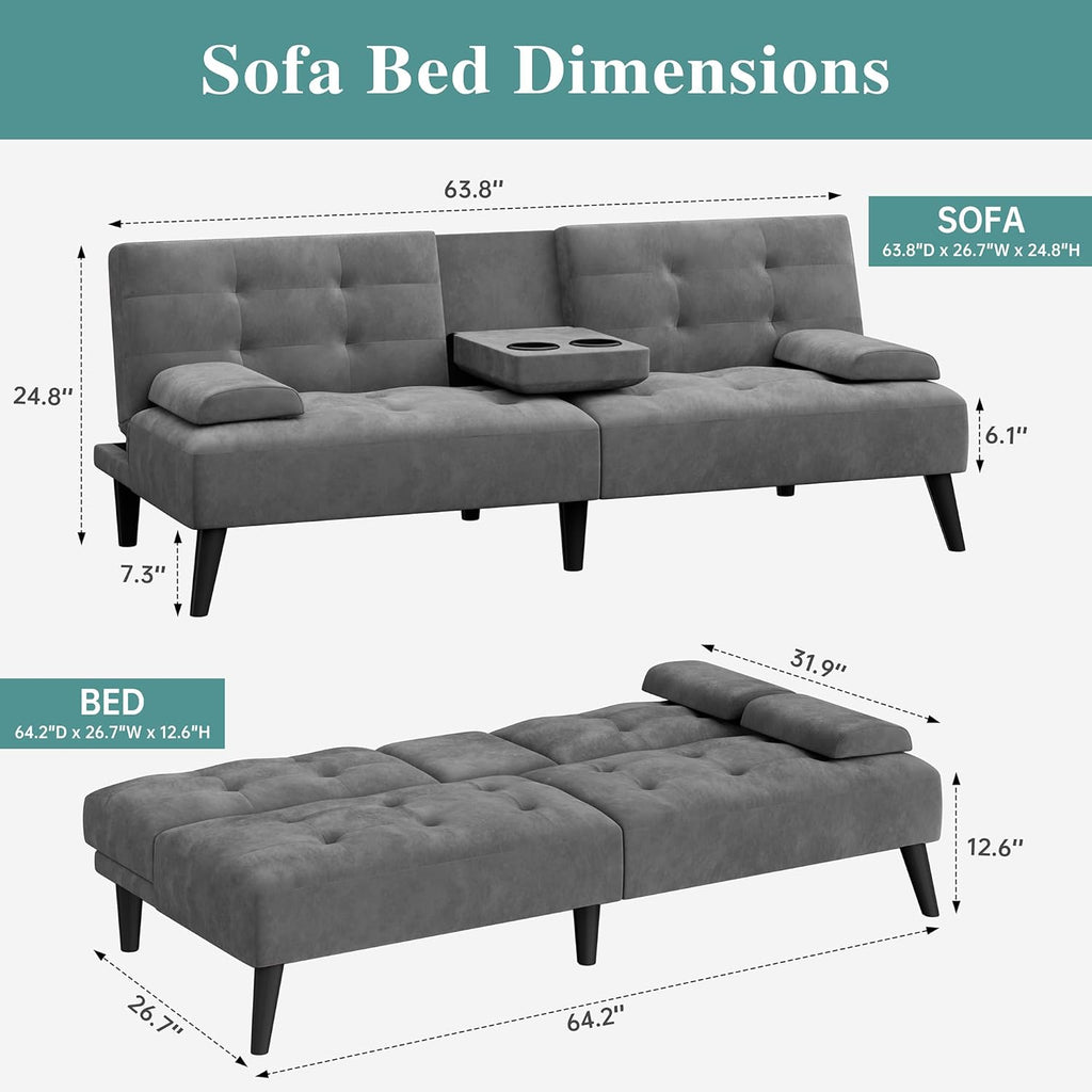 Meilocar 64" Futon Sofa Bed, Convertible Loveseat with 2 Cup Holders, Small Couch with 3 Adjustable Angles & Armrests, Sleeper Sofa for Small Apartment, Office, Dark Grey | small couch