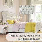 King Size Platform Bed Frame, Chenille Upholstered Sleigh Bed with Curved Headboard & Footboard, Deep Button Tufted, Wood Slats Support, No Box Spring Needed, Cream