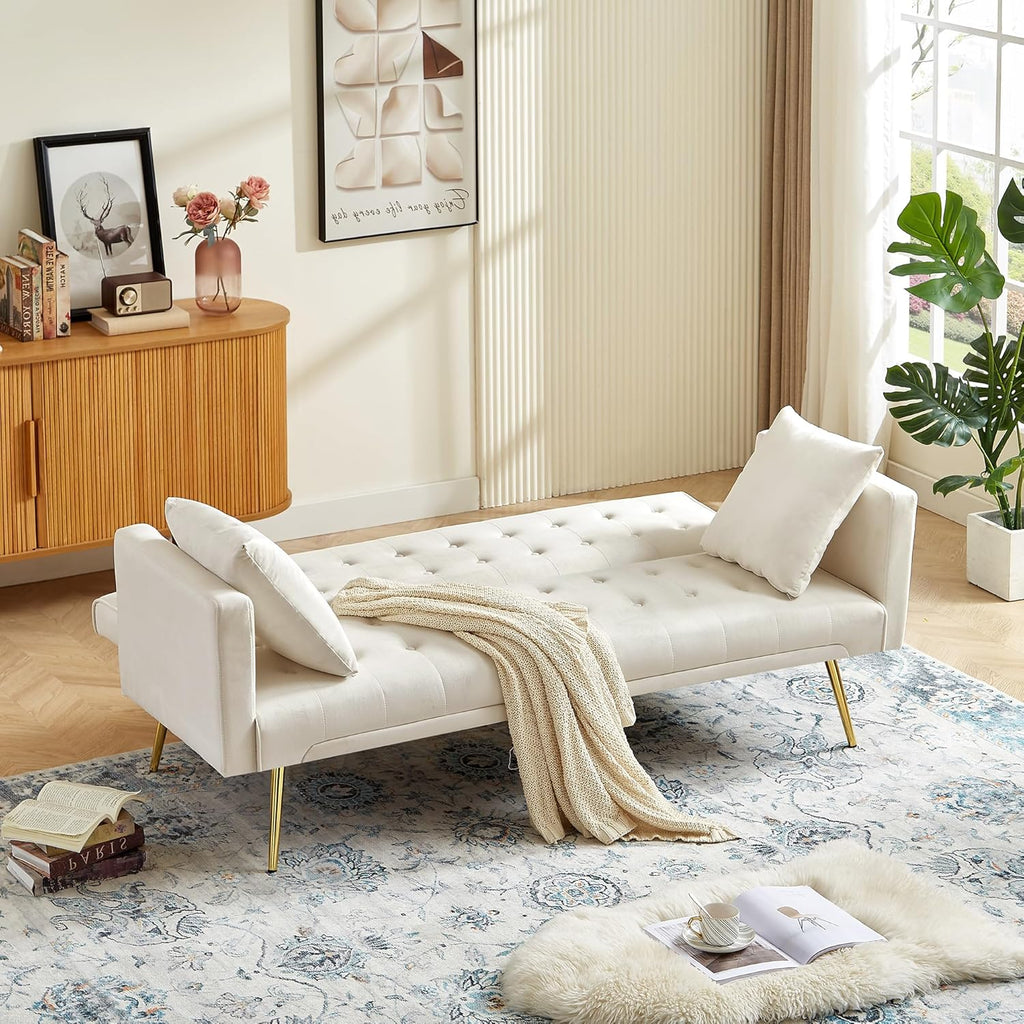 72"Modern Velvet Sofa Bed Futon,Convertible Folding Sleeper Bed Couches with 3 Adjustable Backrests,Tufted Recliner Loveseat with Golden Chrome Legs for Small Living Room Office (Beige+buttons tufted)