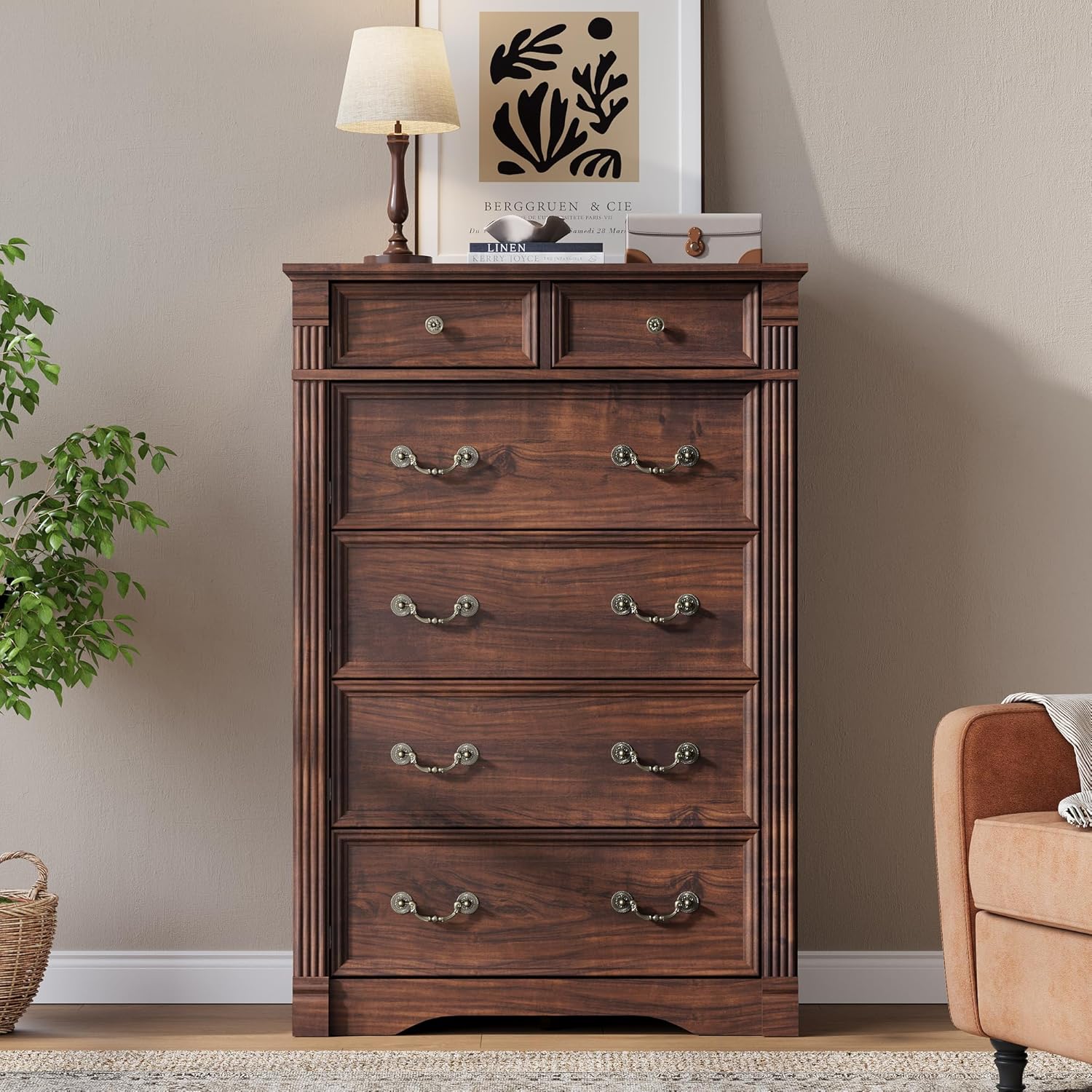 Walnut 6 Drawer Dresser for Bedroom, 47" Tall Dresser, Wood Rustic Chest of Drawers with Chic Wood Pilasters, Dressers Organizer for Bedroom, Hallway, Living Room