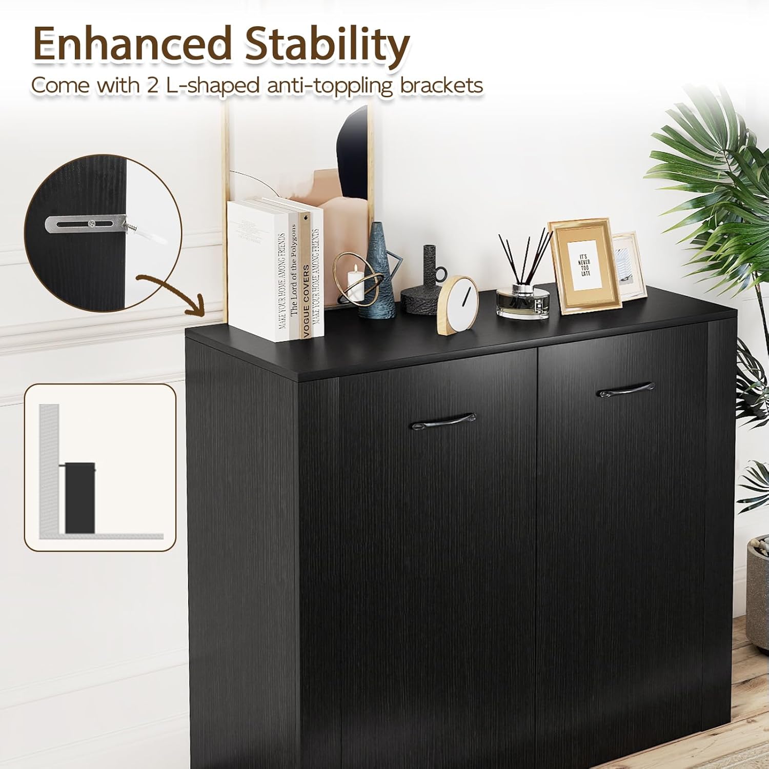 Giantex 38-Inches Storage Cabinet, Sideboard with 2 Doors and 4 Cubic Shelves, Anti-Tipping Device, Sturdy Metal Hings, Credenza, Bathroom Cabinet for Living Room, Kitchen, Entryway, Black