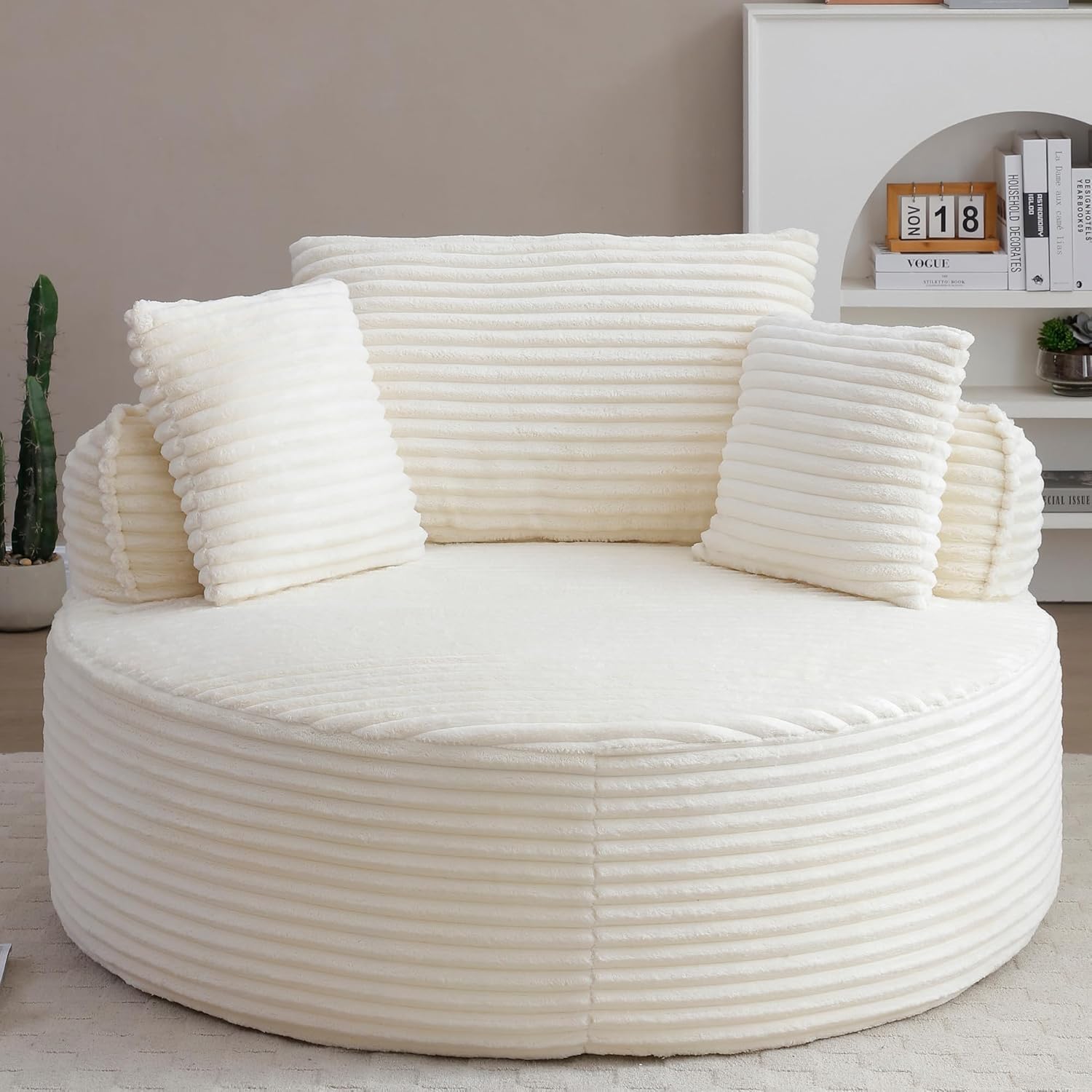 Oversized Round Chair Lounge Chaise Indoor, 53.5" Upholstered Corduroy Deep Seat Single Cloud Sofa Chair, Fluffy Modern Large Circle Boneless Sleeper Sofa for Living Room, Bedroom, Beige White