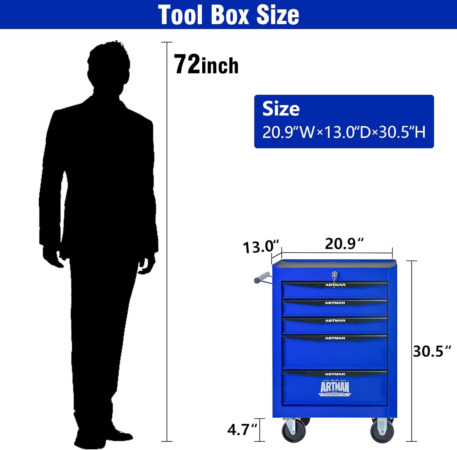5 Drawers Tool Cart on Wheels, Multifunctional Rolling Tool Chest, Drawers Mobile Trolley Organizer Heavy Duty Tools Box with Locking Wheels & Ball Bearing Drawers (Blue, 5 Drawers)