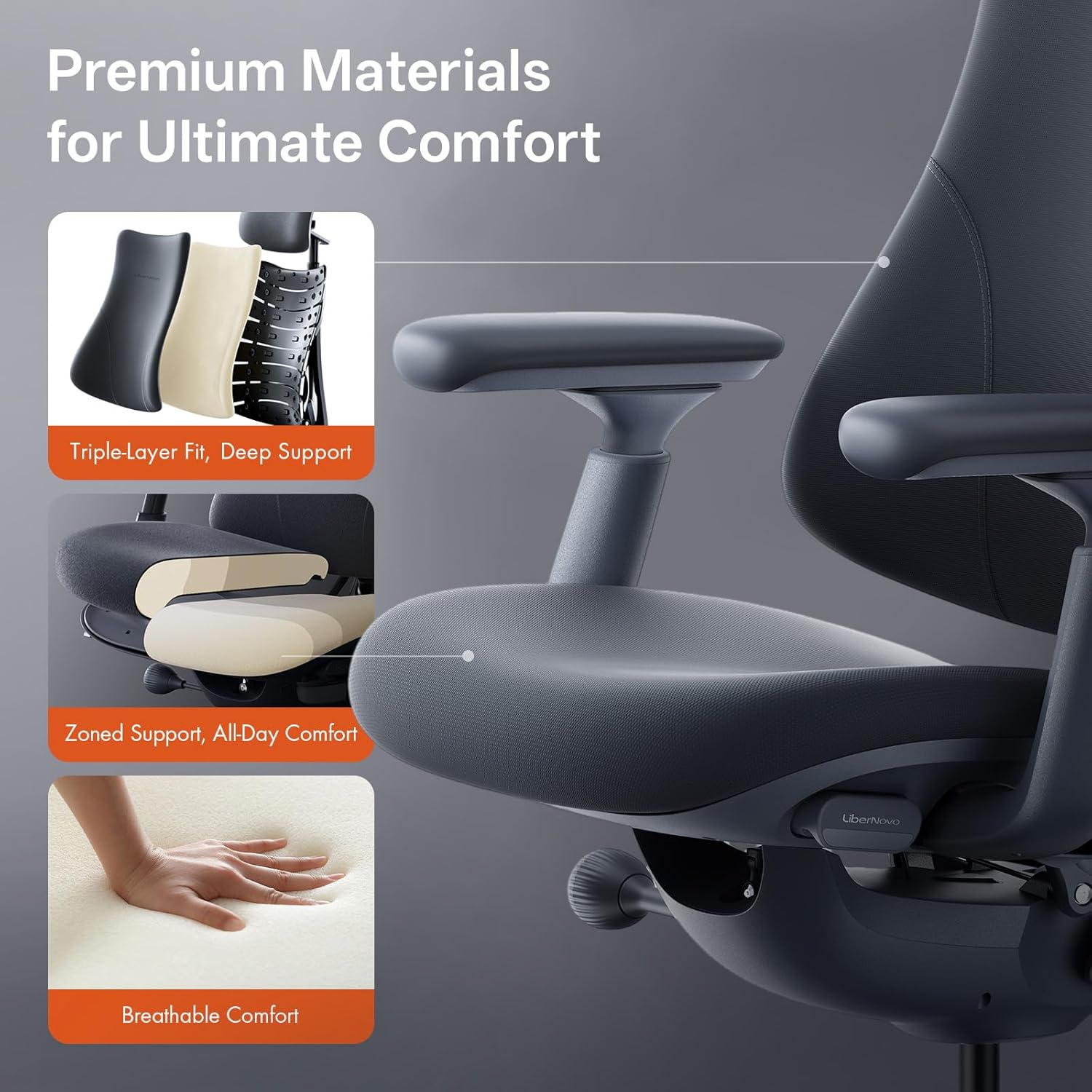 LiberNovo Dynamic Ergonomic Office Chair - Comfy Adjustable Desk Chair with Adaptive Lumbar Support, 160° Recline & Built-in Spine Stretch for Back Comfort, Home Office Long Hours Use, Black+48cm