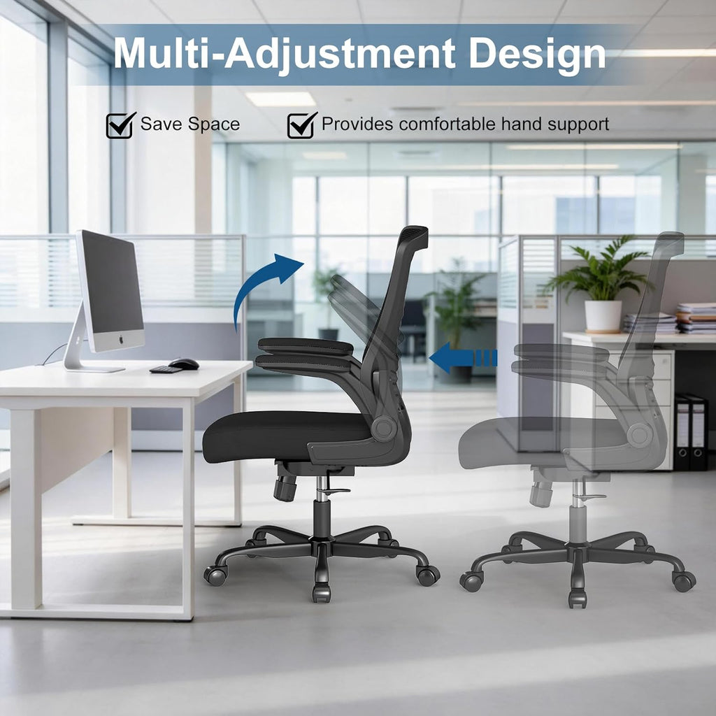 Ergonomic Office Chair, Mesh Desk Chair with Adjustable Height & Flip-Up Armrests, Comfortable Computer Chair for Long Hours, Silent Wheels for Home Office, 6-PCS