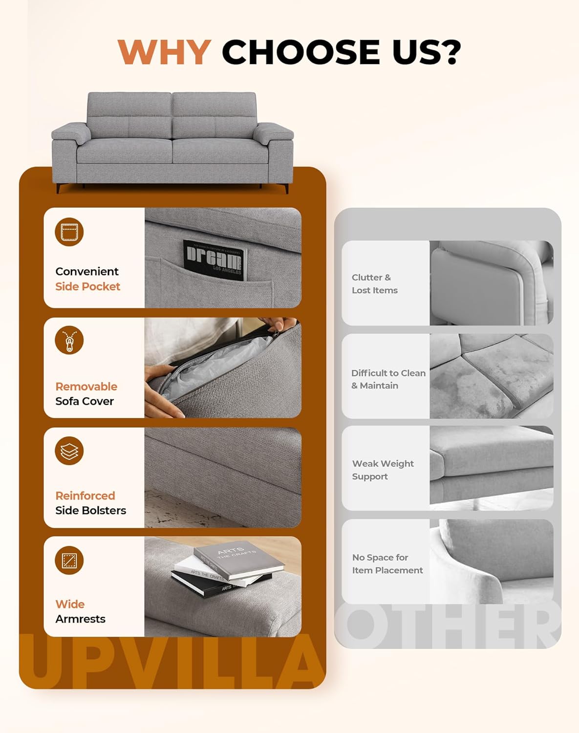 88.97" Modern Sofa Couches for Living Room, Deep Seat Sofas with 8”Cushion, Comfy 2-Seater Chenille Loveseat with Convertible Armrest, Removable Sofa Cover, High Leg(Light Gray)