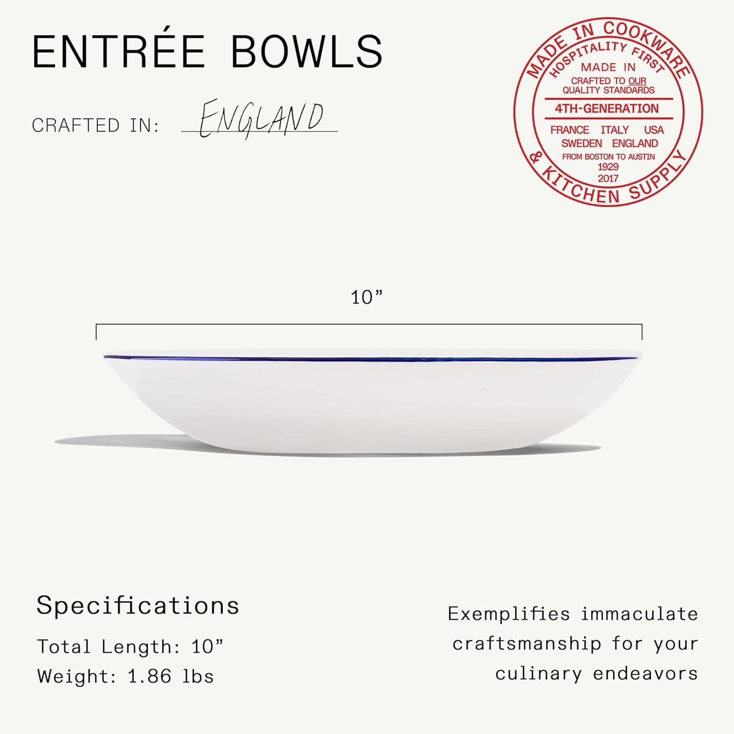 Made In Cookware | Set of 4 | Entrée Bowls | White With Navy Rim | Porcelain | Crafted in England