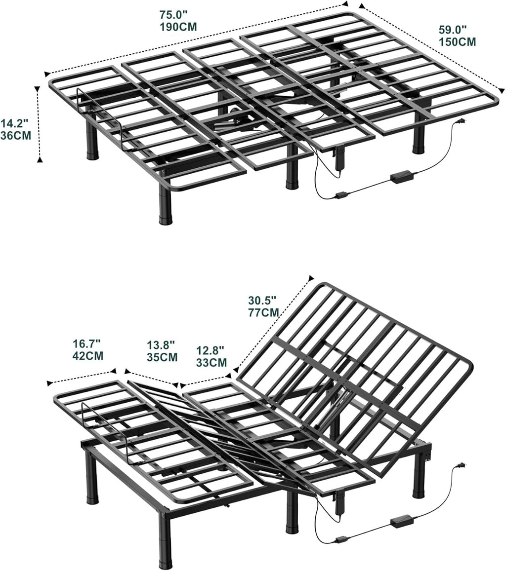 SunsGrove Queen Adjustable Bed Frame, Wired Remote Control, Independent Head and Foot Incline, Electric Bed Frame Base, Adjustable Bed Leg with 2 Height Options, Easy Assembly