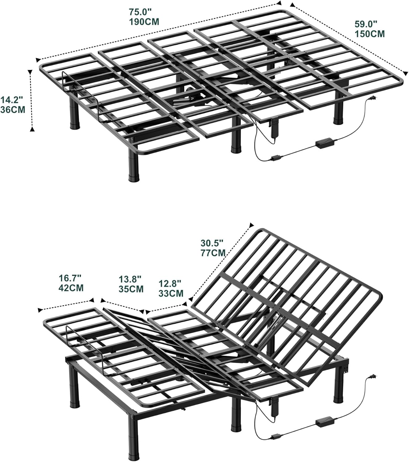 SunsGrove Queen Adjustable Bed Frame, Wired Remote Control, Independent Head and Foot Incline, Electric Bed Frame Base, Adjustable Bed Leg with 2 Height Options, Easy Assembly