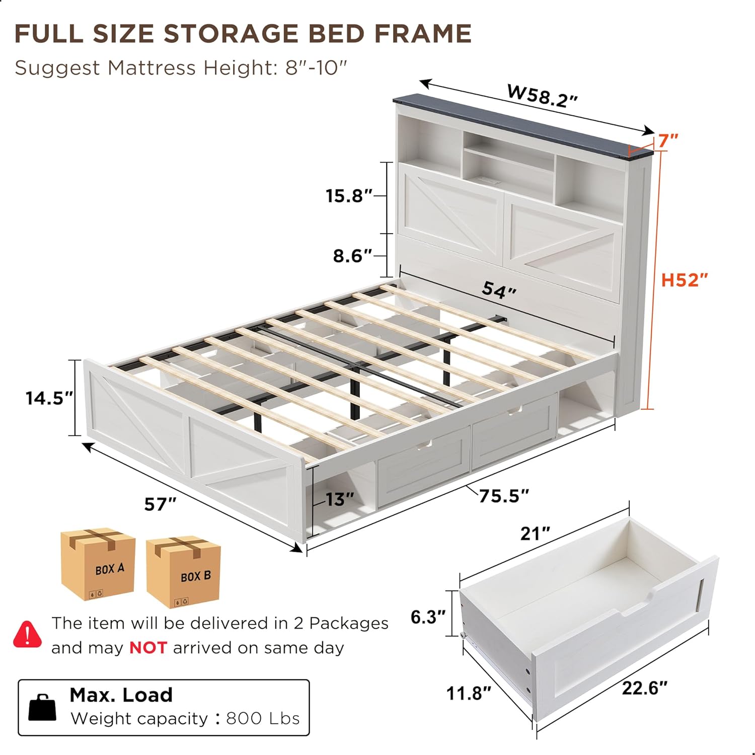 ACCOHOHO Farmhouse Full Size Bed Frame with 52" Tall Storage Headboard and LED Light, Wood Platform Bed with 4 Drawers, Charging Station, Solid Wood Slats Support, No Box Spring Needed, Antique White