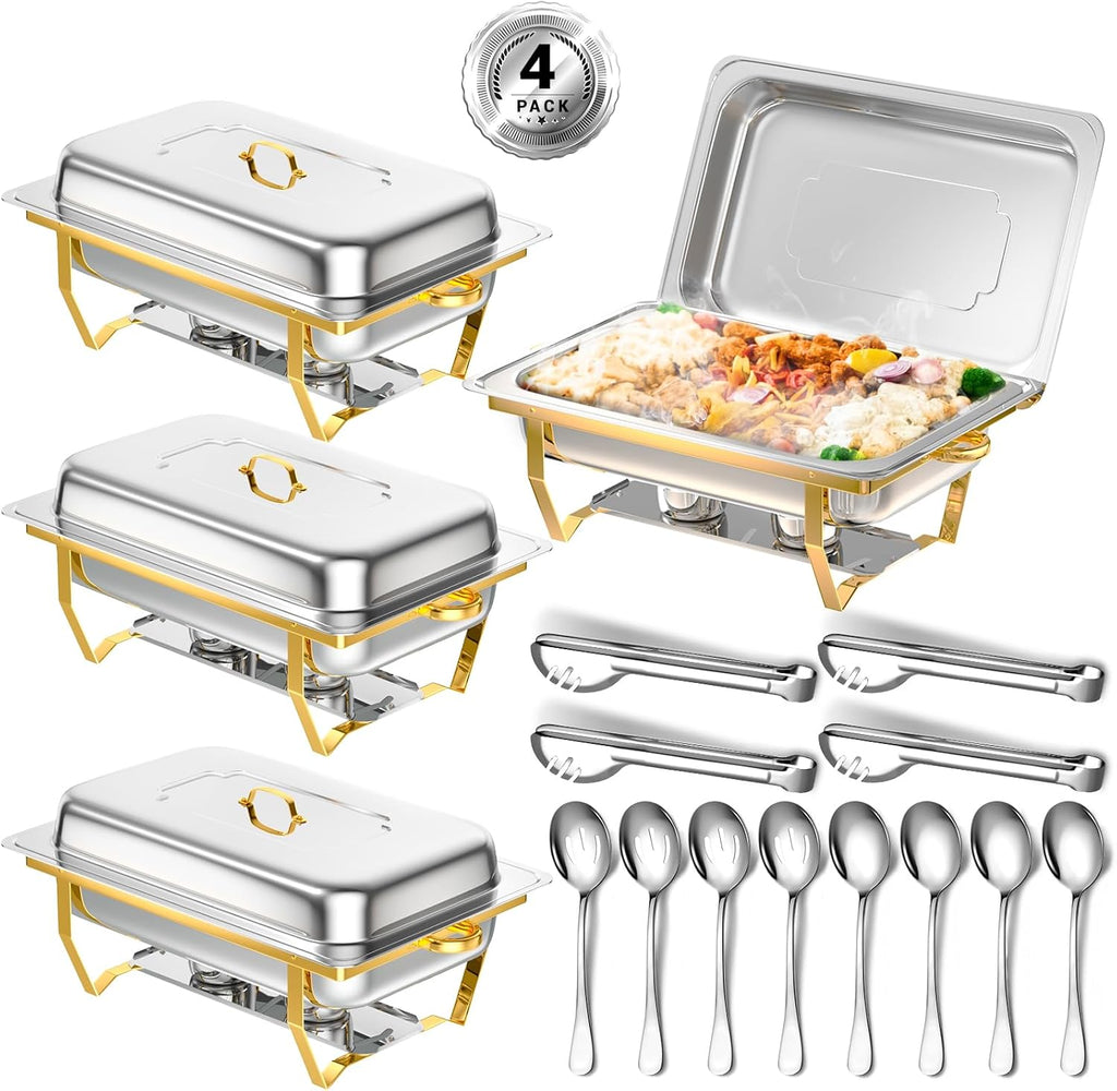 Chafing Dishes for Buffet, 8 Qt High Grade Chafing Dish Buffet Set, Full Size Pan, Rolled-Edge Design Food Warmers for Parties, Buffet, Wedding, Birthday, Camping 4 Pack Half Gold