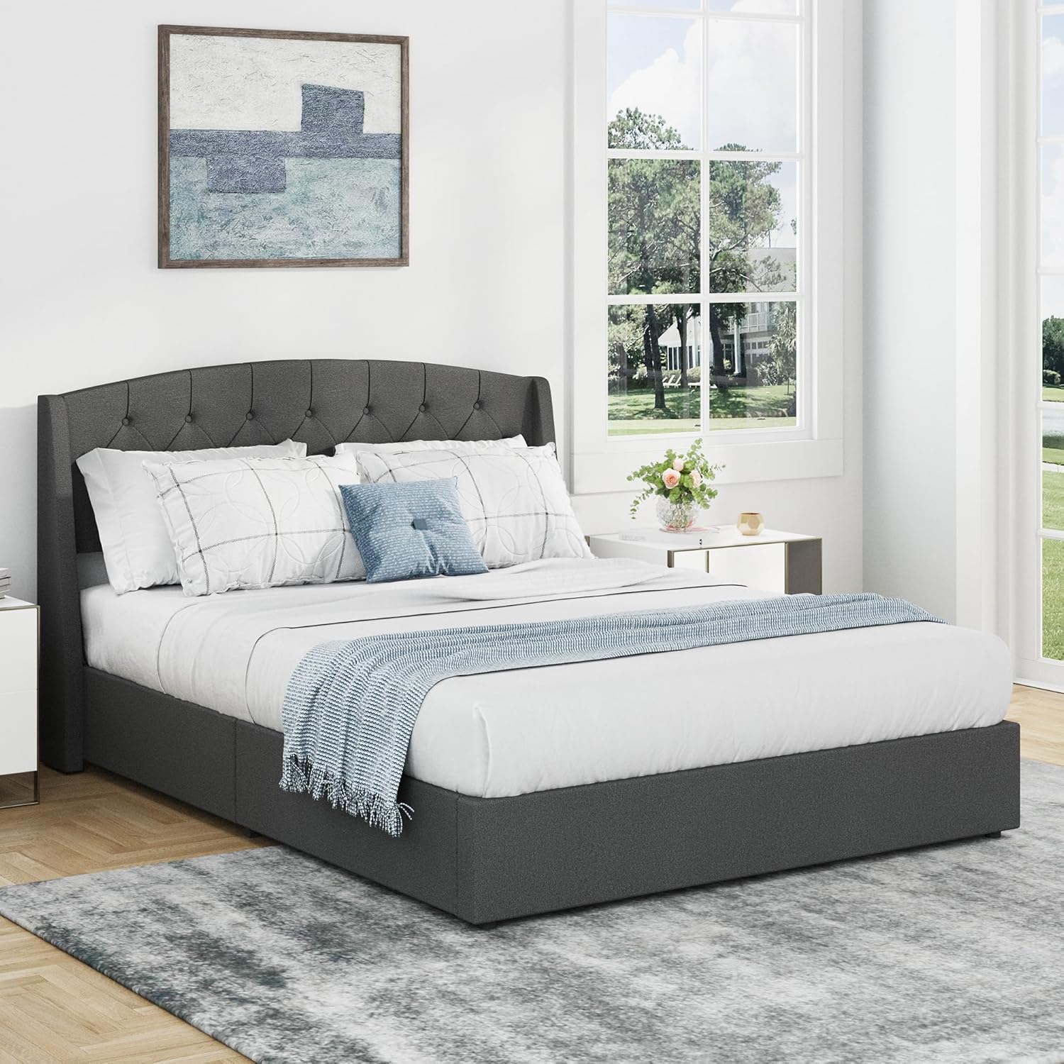 EGOHOME King Size Metal Bed Frame,Hydraulic Lift System and Modern Wingback Design,Heavy-Duty Steel Construction & 900lb Capacity,Effortless Assembly with Ratchet Wrench,No Box Spring Needed,Dark Grey