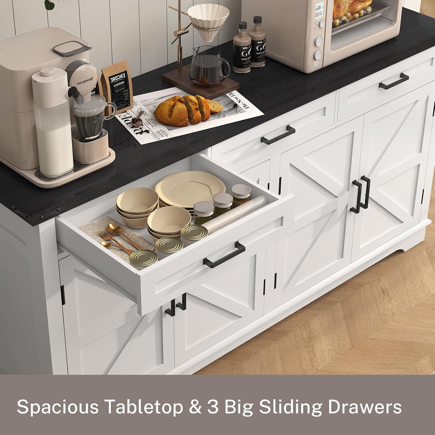 usikey 61” Large Sideboard Buffet Cabinet with 4 Doors and 3 Drawers, Farmhouse Buffet Table, Dining Room Storage Cabinet for Kitchen or Living Room, White