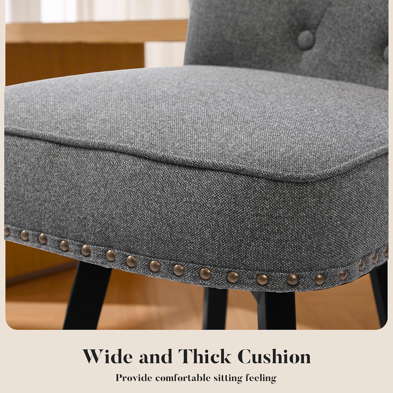 Counter Height Bar Stools Set of 2, 26" Mid-Century Swivel Bar Stool with Metal Base for Kitchen Island, Rivet Armless Linen Fabric Barstool with High Back and Large Thick Cushion, Gray