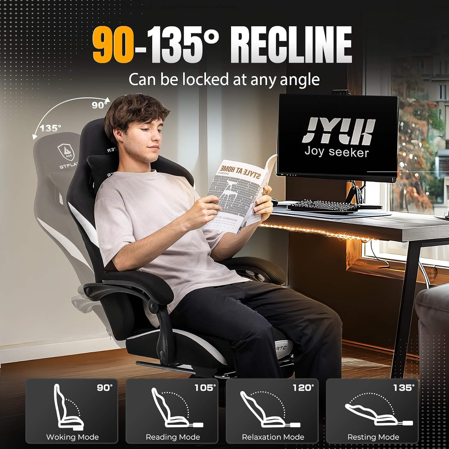 GTPLAYER Gaming Chair Ergonomic Office Chair with Foot Rest & Pocket Spring Cushion, High Back Computer Desk Chair with Headrest & Lumbar Support, Breathable Fabric Game Chair for Adults, Coal-Black