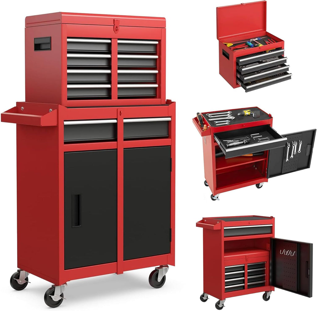 5 Drawers Tool Cart on Wheels with 1 Cabinet, Multifunctional Removable Rolling Tool Chest Storage Set, Tool Trolley Organizer Tool Box for Garage,Warehouse,Workshop,Repair Shop (Red)