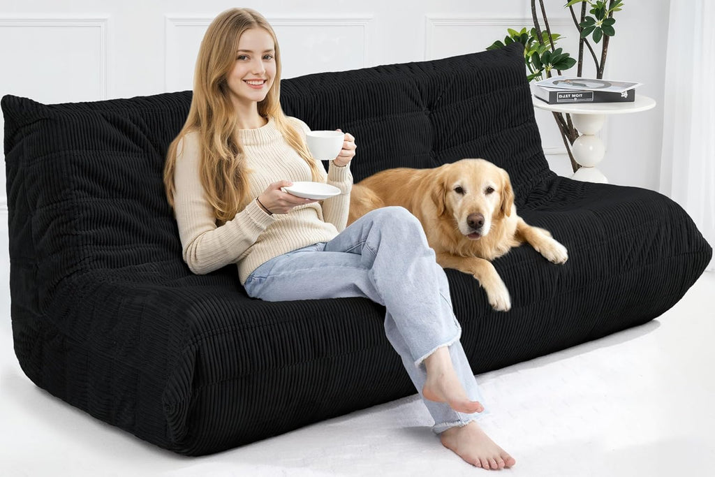 Bean Bag Chair,Giant Beanbag Chairs for Adults,Comfy Large Fireside Chair Lazy Sofa,Corduroy Bean Bag Lounger with Memory Foam Filled,Floor Sofa Couch for Home,Living Room (Black, 3-Seater)