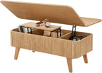 3 in 1 Lift Top Coffee Table, Fluted Convertible Coffee Tables Converts to Dining Tables, Modern Oval Wooden Center Table with Storage for Living Room Office Small Space, Partial Assembly (Natural)