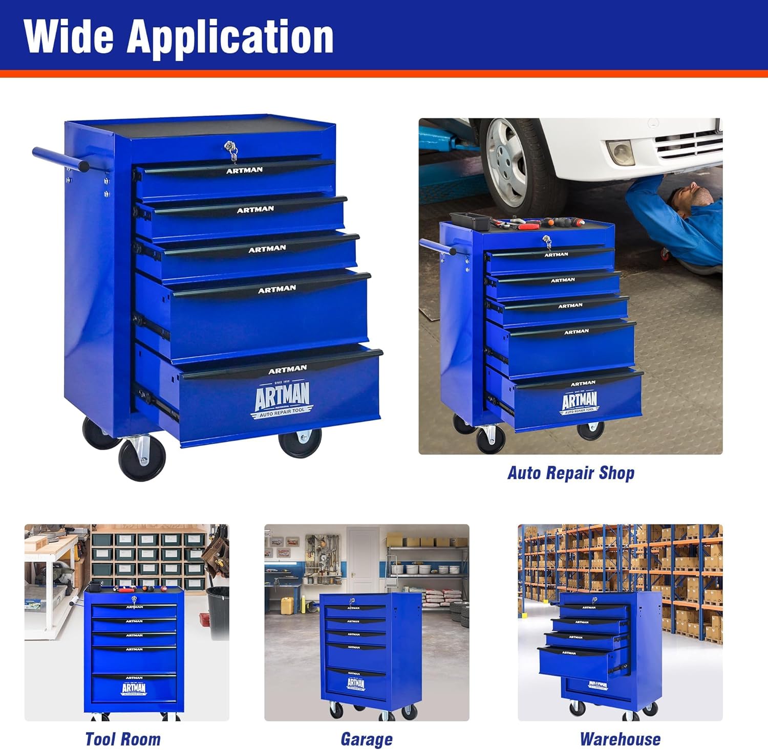 5 Drawers Tool Cart on Wheels, Multifunctional Rolling Tool Chest, Drawers Mobile Trolley Organizer Heavy Duty Tools Box with Locking Wheels & Ball Bearing Drawers (Blue, 5 Drawers)