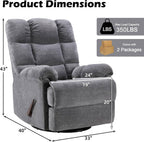 CANMOV Swivel Rocker Recliner for Adults, Glider Rocking Reclining Chair for Nursery, Manual Recliner Chair with Overstuffed Back and Arms for Living Room Bedroom Nursery, Grey
