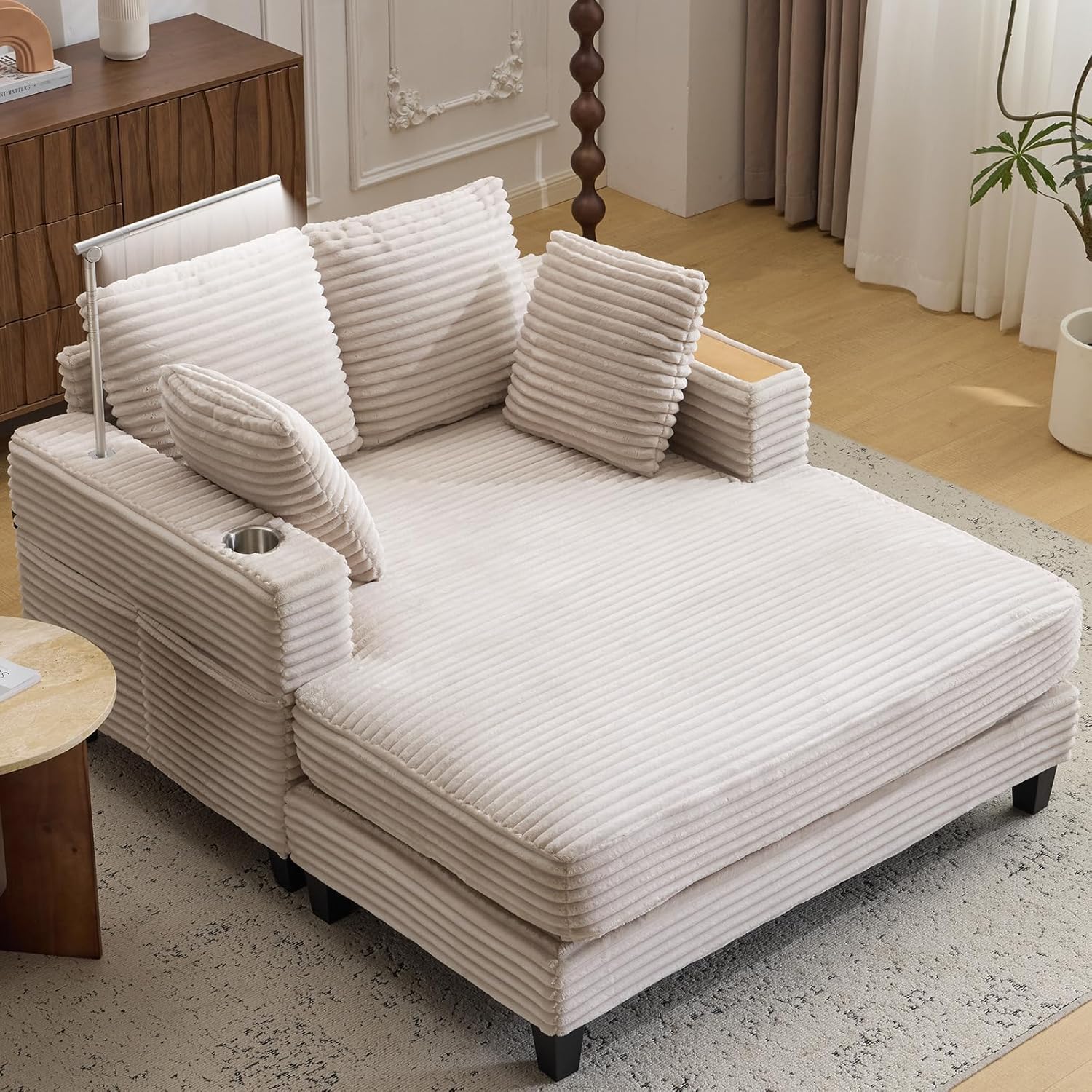 AEDI 60" Chaise Lounge Chair, Sofa Bed with Adjustable Reading Light, USB & Type-C Charging, Wood Tray & Cup Holder (Velvet Corduroy, Beige)