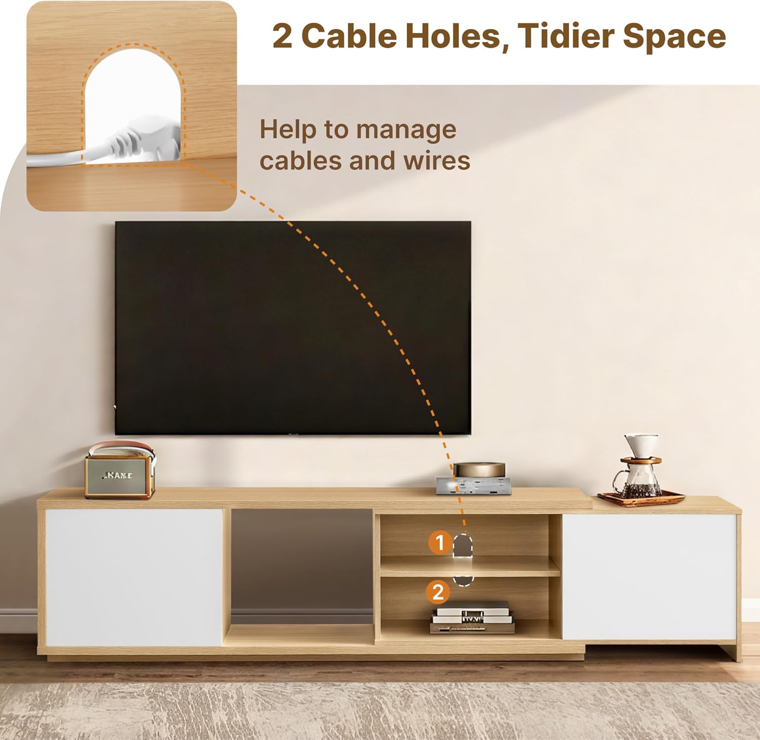 Extendable TV Stand for TVs up to 90",Modern Entertainment Center with Adjustable Shelf,Television Stand with 2 Storage Cabinets,Wooden TV Media Console for Living Room Bedroom Natural Oak