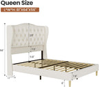 Queen Size Velvet Upholstered Platform Bed Frame, 56" Tall Wingback Headboard with Deep Diamond Tufting, Solid Metal Support (1000lbs), No Box Spring Needed, Cream