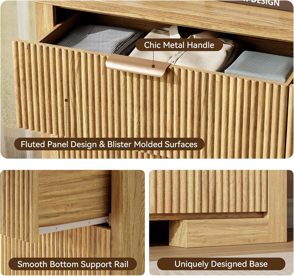 Fluted 6 Drawers Dresser for Bedroom, 54" Modern Chest of Drawers with Metal Handle, Wood Closet Clothes Storage Organizer for Living Room, Hallway, Entryway, Natural Oak