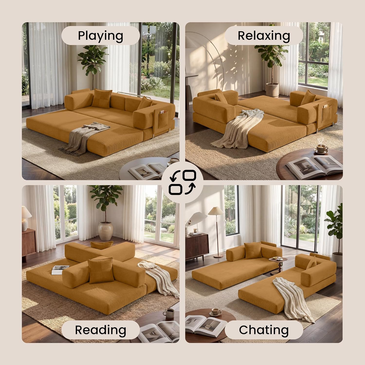 Belhome 78.8" Convertible Sofa Bed, Futon Sofa Bed with Side Pocket, Corduroy Pull Out Futon Sofa, Boneless Couch for Living Rooms,No Assembly Required, Yellow