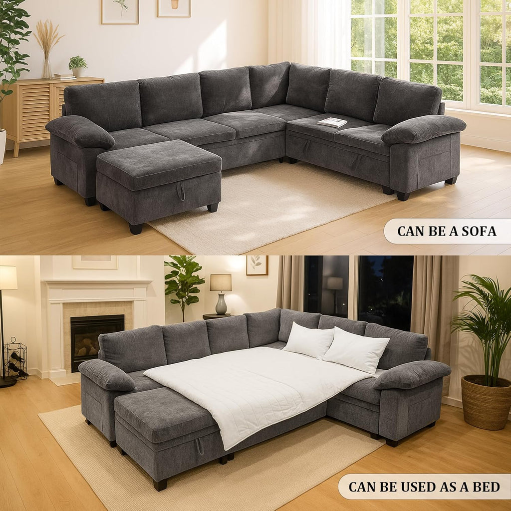 108 Inch Sectional Sleeper L Shaped Sofa with Pull Out Bed, 7 Seat Modular Sectional Sofa with Storage, Modern Chenille Cloud Couch, Sectional Couches for Living Room, Gray