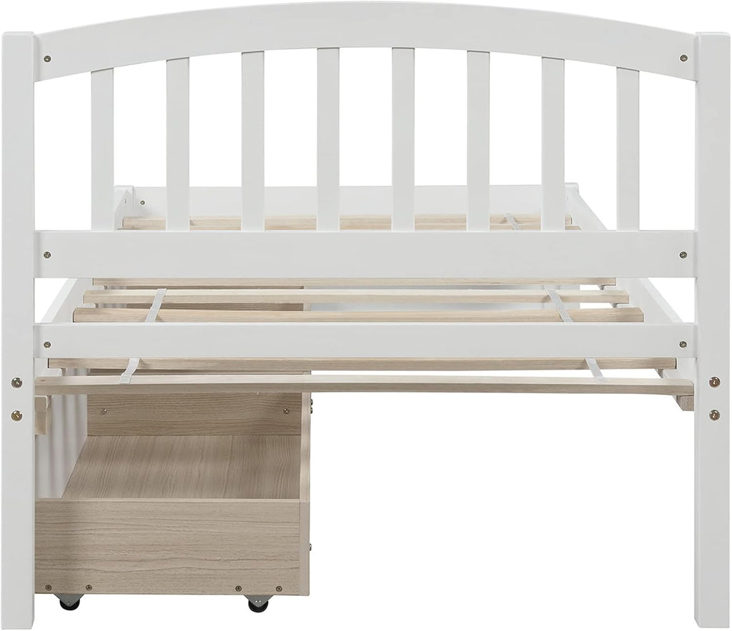Solid Wood Platform Bed Twin Size with 2 Storage Drawers for Kids,Twin Size Low Platform Bed Frame with Curved Headboard,Footboard and Under Bed Space for Boys Girls Bedroom,Easy Assembly,White