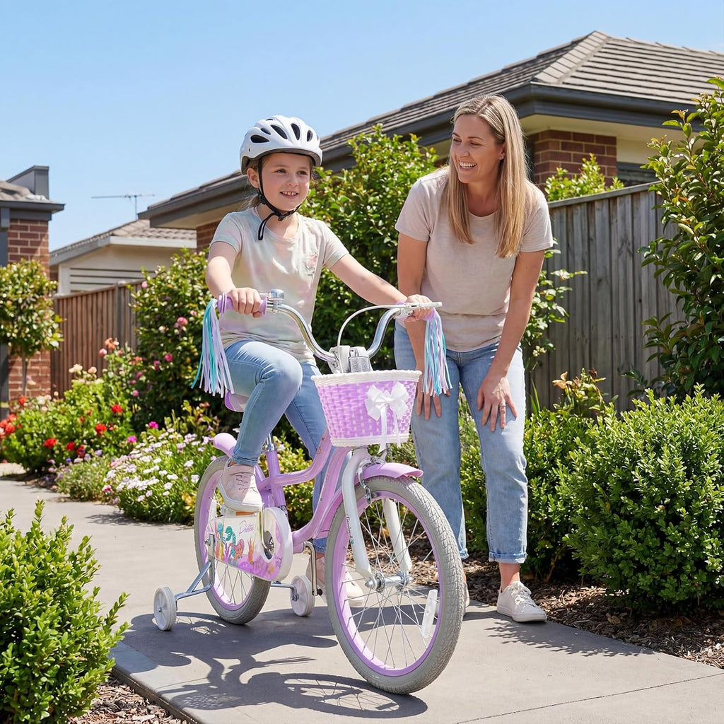 BABY JOY Kids Bike, 12" 14" 16" 18" Mermaid Girls Bike for 3-8 Years Old w/Basket, Training Wheels, Hand & Coaster Brakes, Adjustable Seat & Handlebar, 20" Children Bicycle with Kickstand for 8+