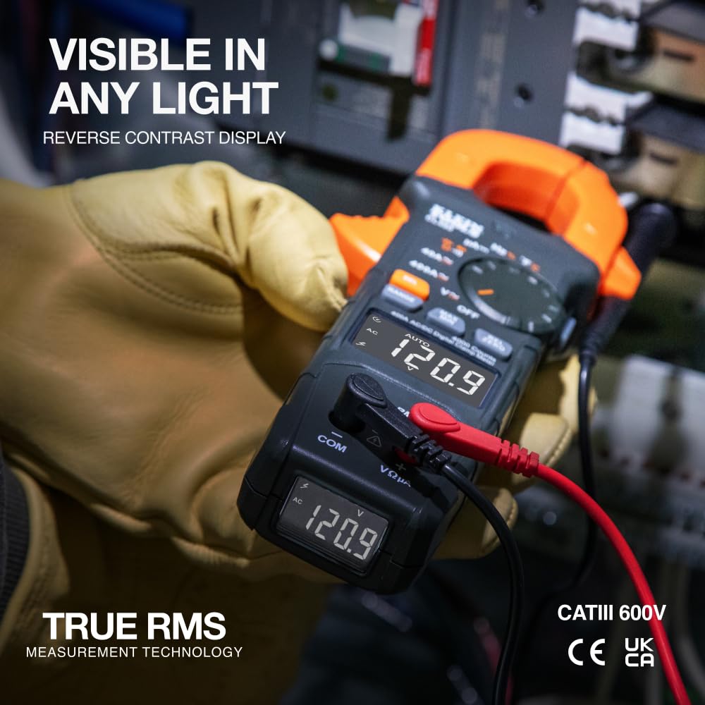 Klein Tools CL490 AC/DC Digital Clamp Meter with TRMS, Dual Display, Auto-Ranging, Current, Voltage, Resistance, Continuity, NCVT Detection, and Reverse Contrast LCD