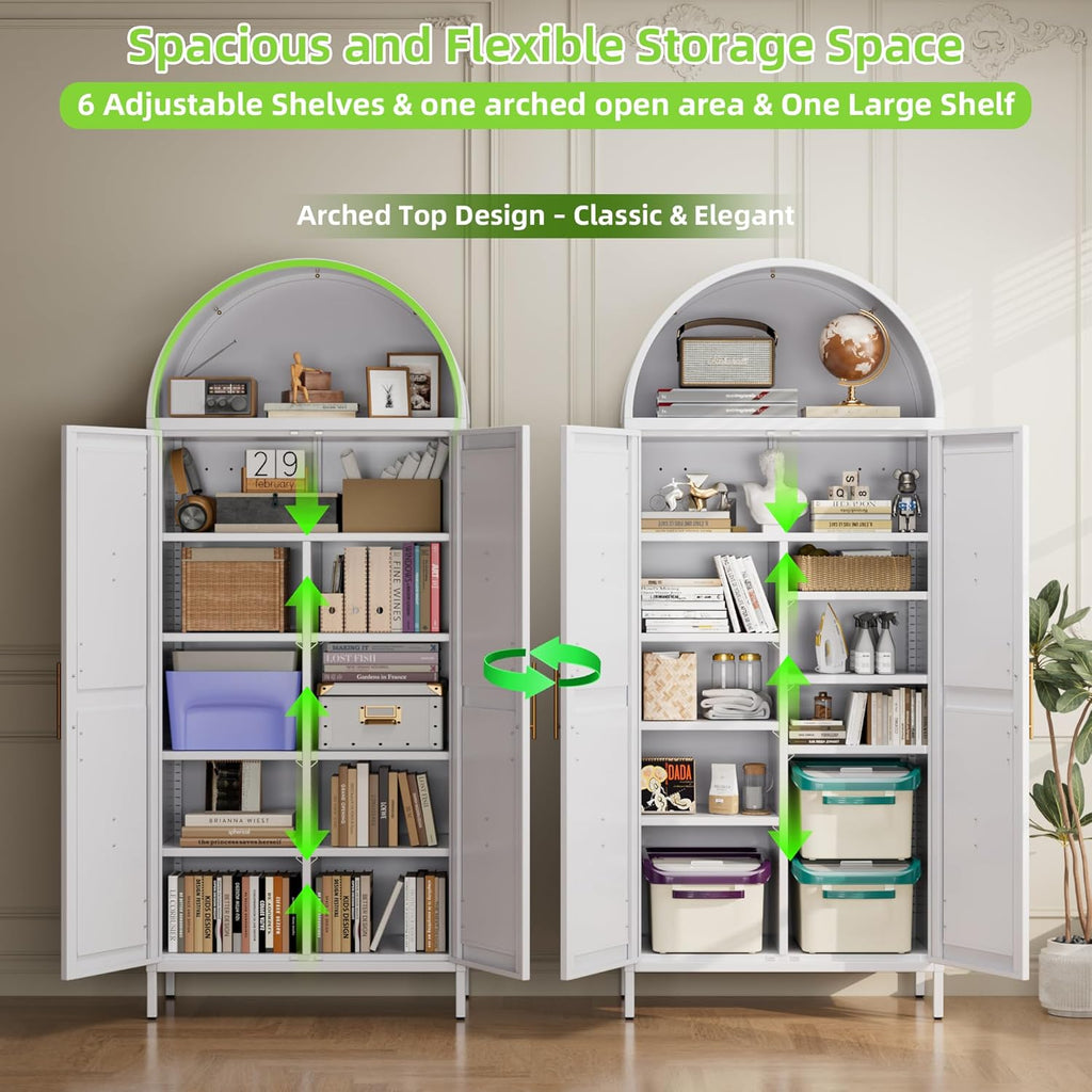 73" Tall Arched Kitchen Pantry Cabinet with 6 Adjustable Shelves, Farmhouse Metal Storage Cabinet with 2 Doors, Reinforced Rice-Shaped Embossed Panels, Tall Pantry Storage for Home Office