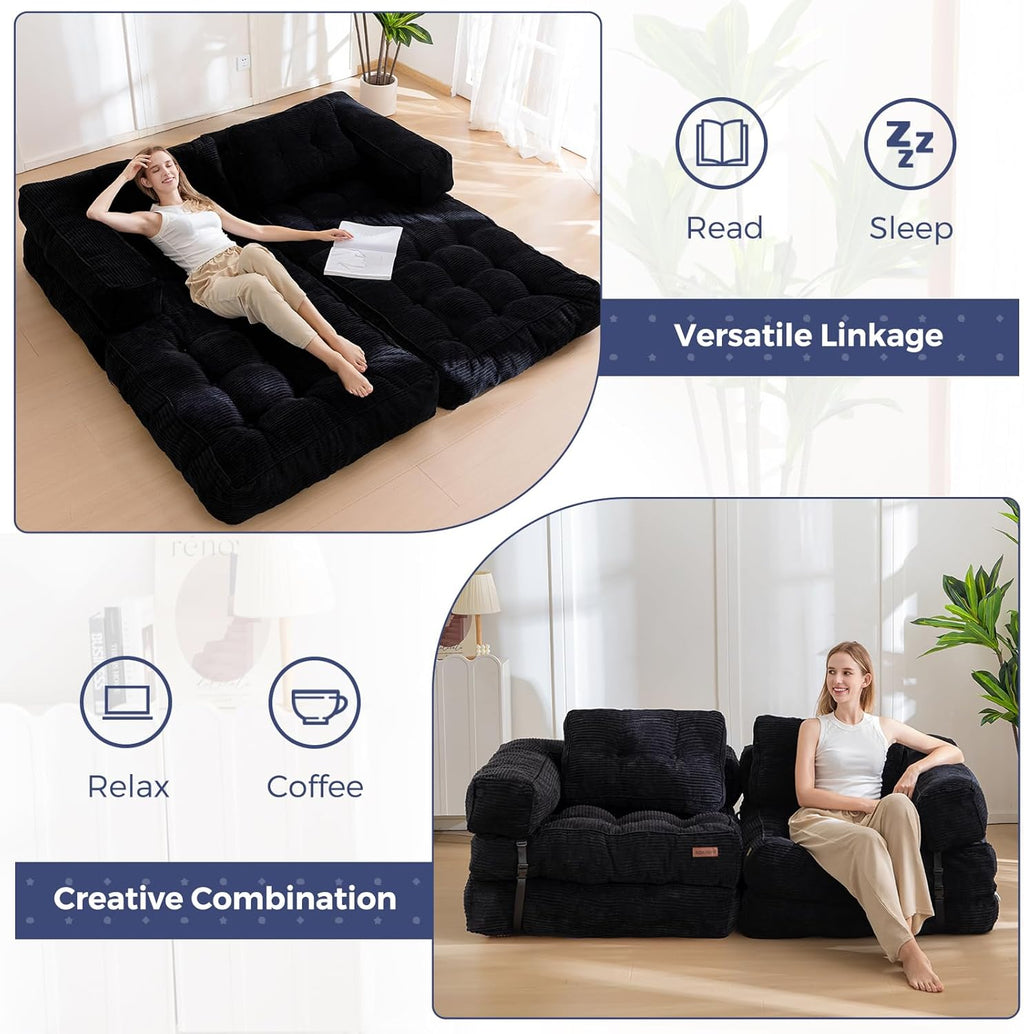 MAXYOYO Folding Sofa Bed, L-Shaped Convertible Sofa with Armrest Foldable Sleeper Bed with Pillow, Portable Fold Out Chair Comfy Floor Lounge for Living Room Bedroom, Black