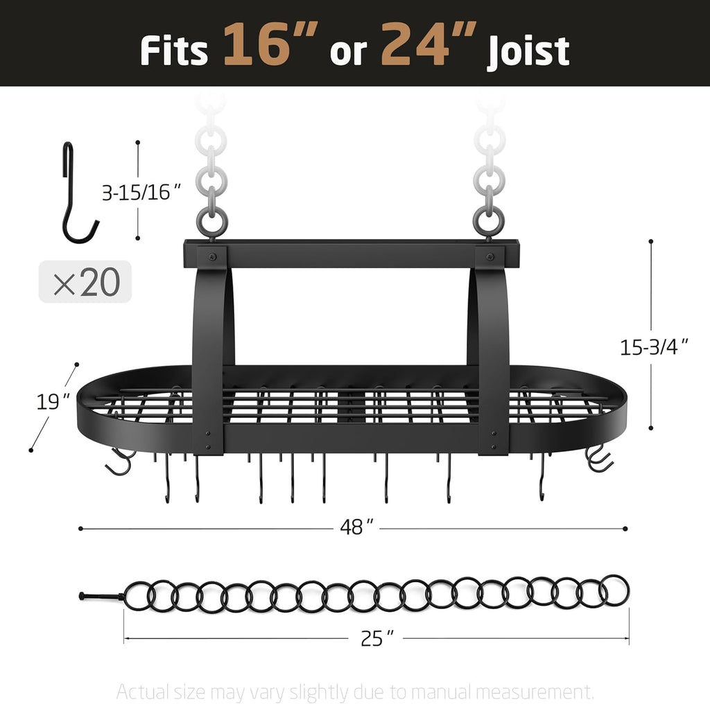 KES 48 Inch Large Hanging Pot Rack, Heavy Duty Oval Pot and Pan Hanging Rack Ceiling Mount, Pot Pan Hangers for Kitchen with 20 Hooks, Matte Black, (For 16" and 24" Joist Mount), KUR225S122-BK