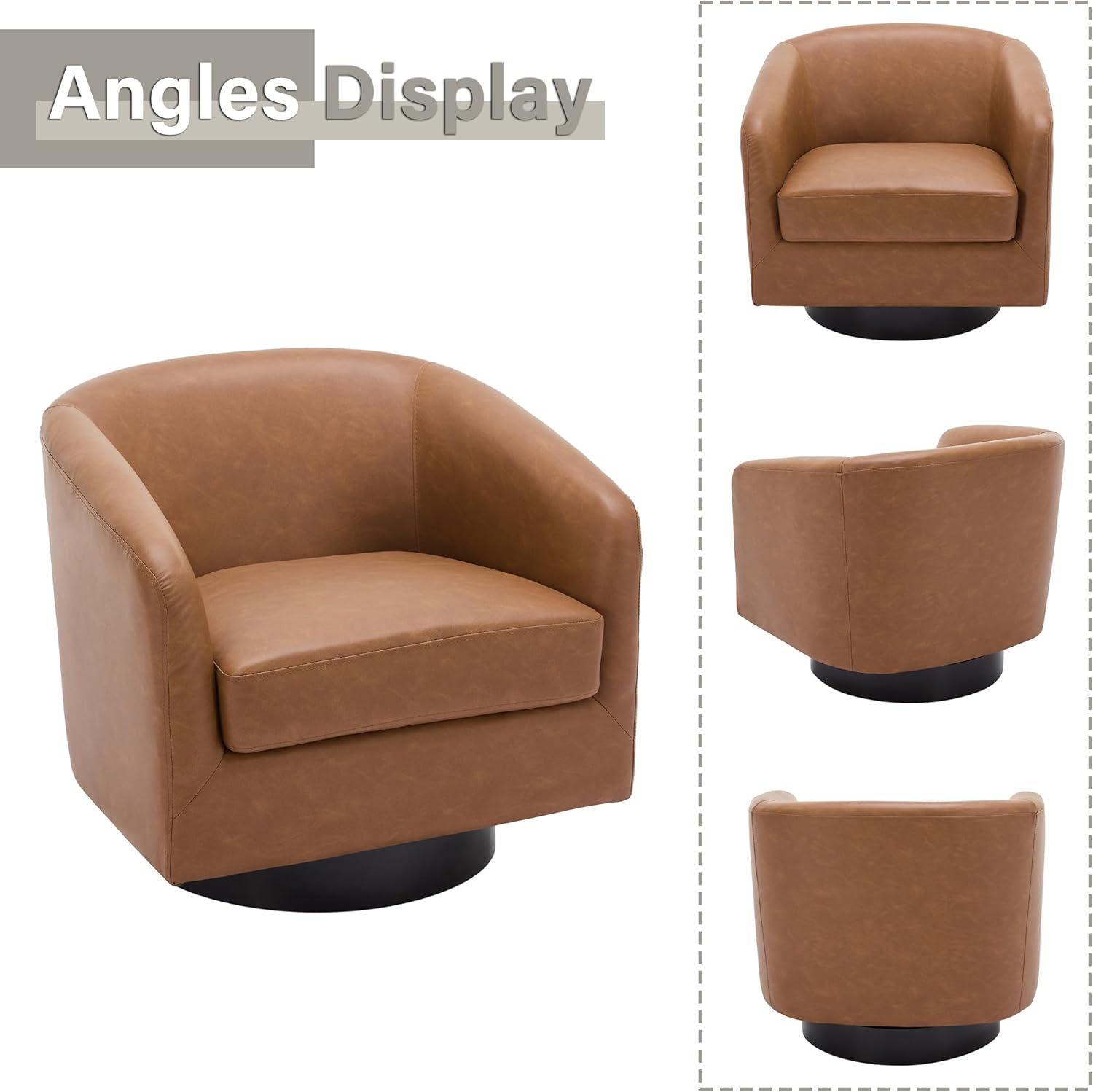 Lumibee Faux Leather Swivel Barrel Chairs Set of 2, Upholstered Comfy Round Swivel Accent Chair, 360° Rotation Single Sofa Club Armchair for Living Room, Reading Room, Bedroom, Brown