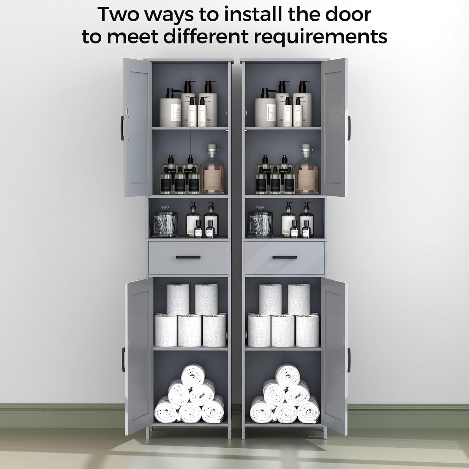 Homhedy 67" H Tall Bathroom Storage Cabinet with 2 Barn Doors and 1 Drawer, Narrow Storage Unit, Adjustable Shelves, Floor Cabinet for Bathroom, Living Room, Entryway, Kitchen, Gray, (15.7" W)
